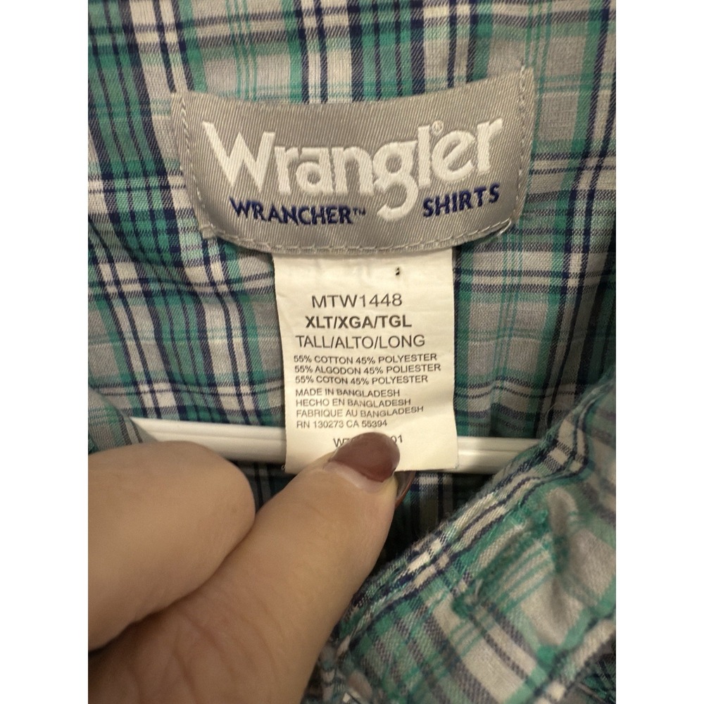 Wrangler Men's Green/Navy/White Plaid Pearl Snap Shirt Size XLT Western Style - Picture 3 of 5